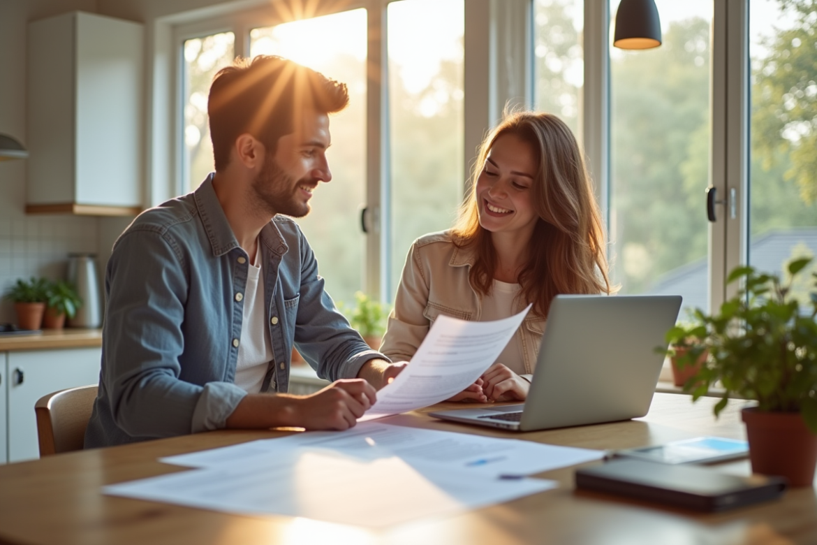 Jeune couple discutant de documents de prêt immobilier à la maison