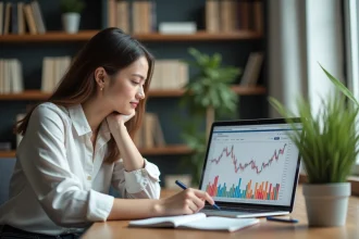 Jeune femme en bureau finance avec ordinateur et livres