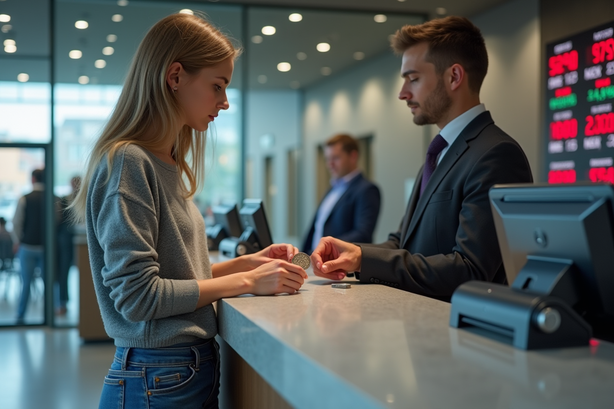 Jeune femme remettant une pièce précieuse à un caissier moderne