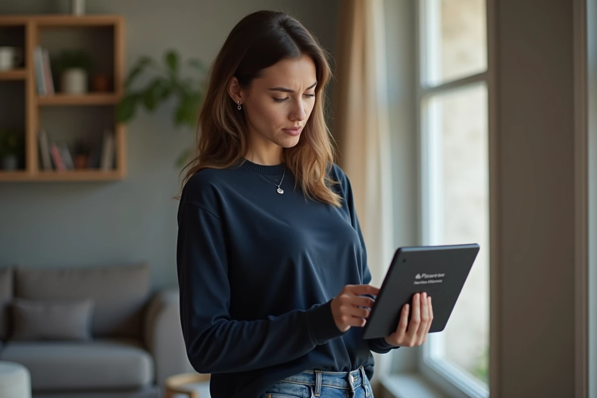 Jeune femme consultant son espace personnel CAF sur tablette pour vérifier les erreurs de dossier après un virement manquant