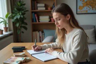 Jeune femme écrivant les taux de change dans un carnet