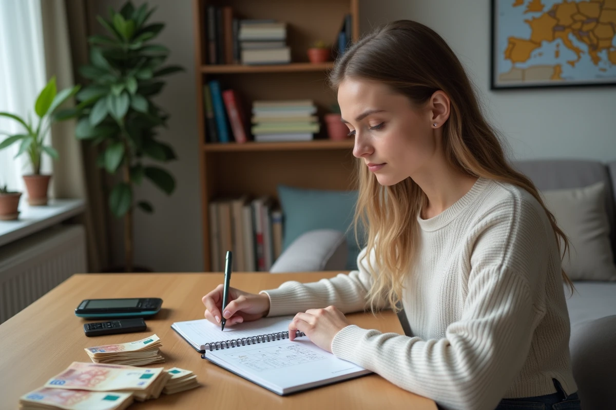 Jeune femme écrivant les taux de change dans un carnet