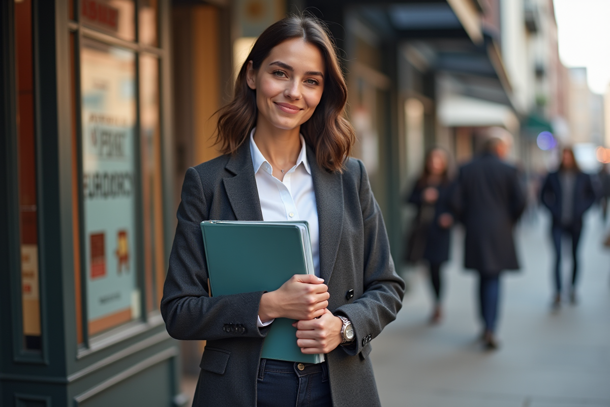 Jeune femme avec dossier de credit immobilier en ville