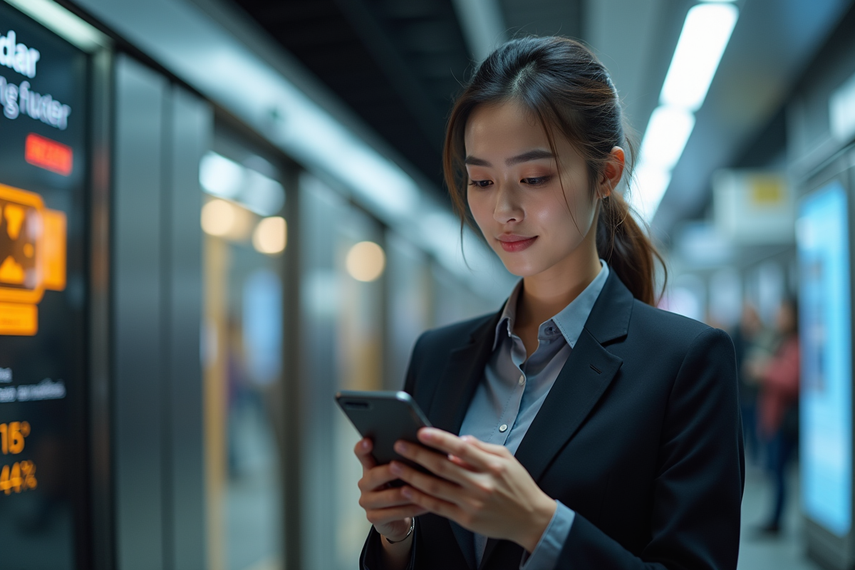 Jeune femme regardant des données XRP sur son smartphone dans la ville