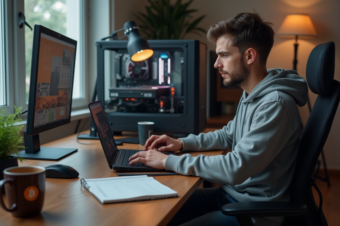 Jeune homme au bureau avec ordinateur et logos bitcoin