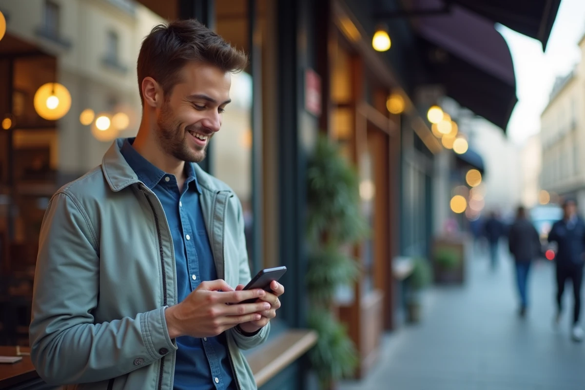 Jeune homme utilisant son smartphone dans un café urbain