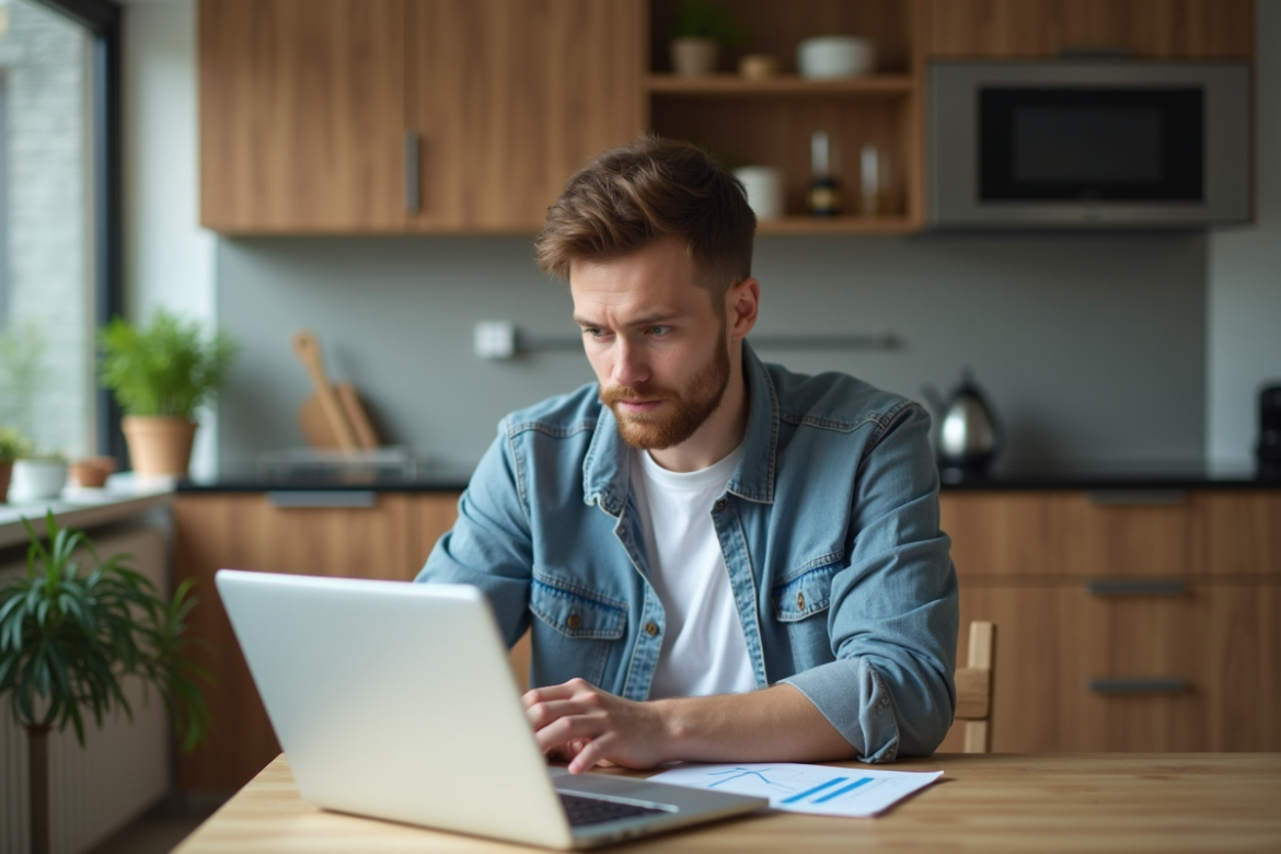 Jeune homme étudiant un graphique sur son ordinateur dans la cuisine
