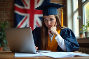 Jeune diplômé en robe de graduation calculant ses finances