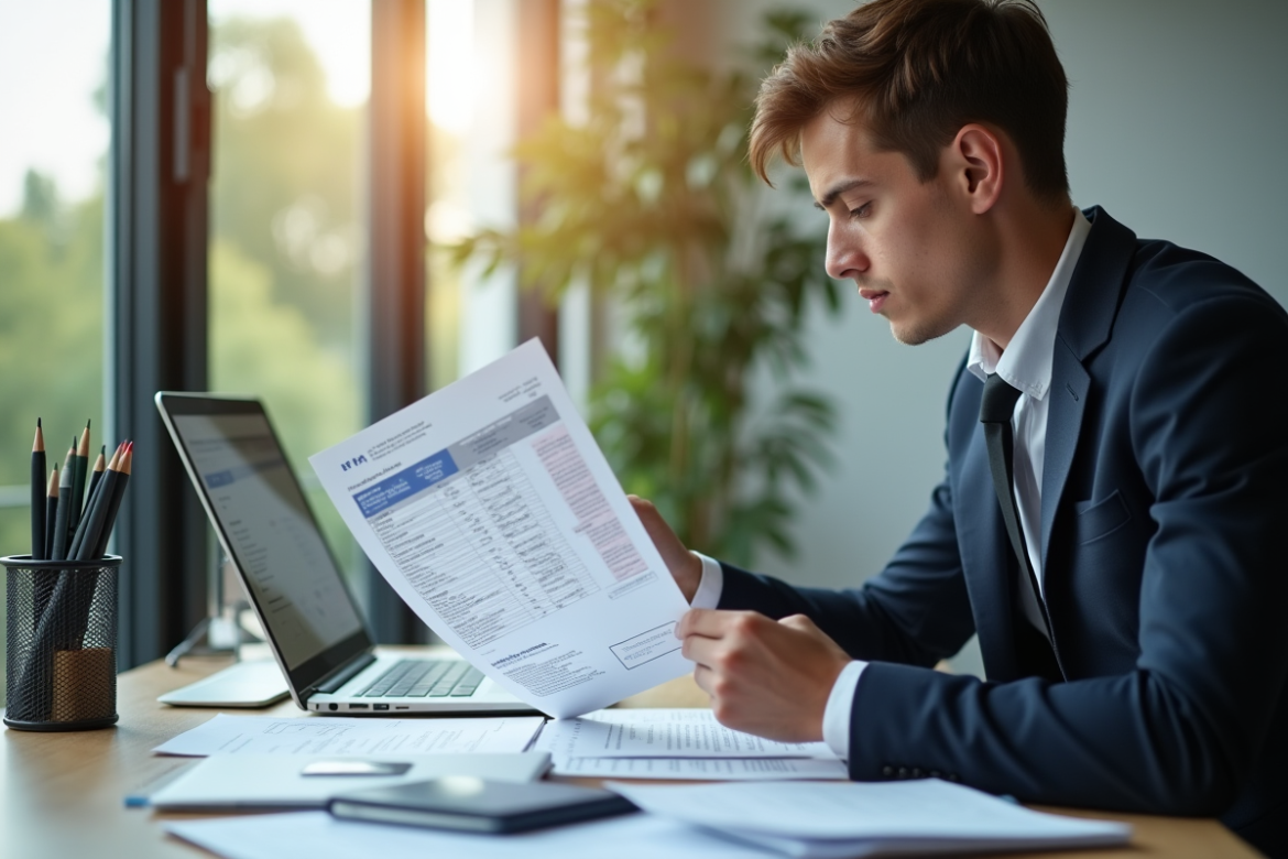 Jeune professionnel français analysant une fiche de paie lumineuse