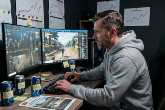 Joueur concentré devant plusieurs écrans affichant des graphiques boursiers de GTA 5 et des stratégies Lester dans un bureau gaming