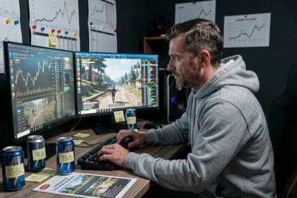 Joueur concentré devant plusieurs écrans affichant des graphiques boursiers de GTA 5 et des stratégies Lester dans un bureau gaming