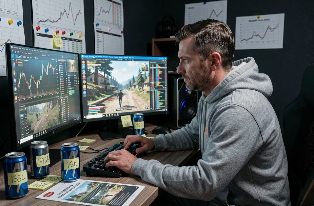 Joueur concentré devant plusieurs écrans affichant des graphiques boursiers de GTA 5 et des stratégies Lester dans un bureau gaming