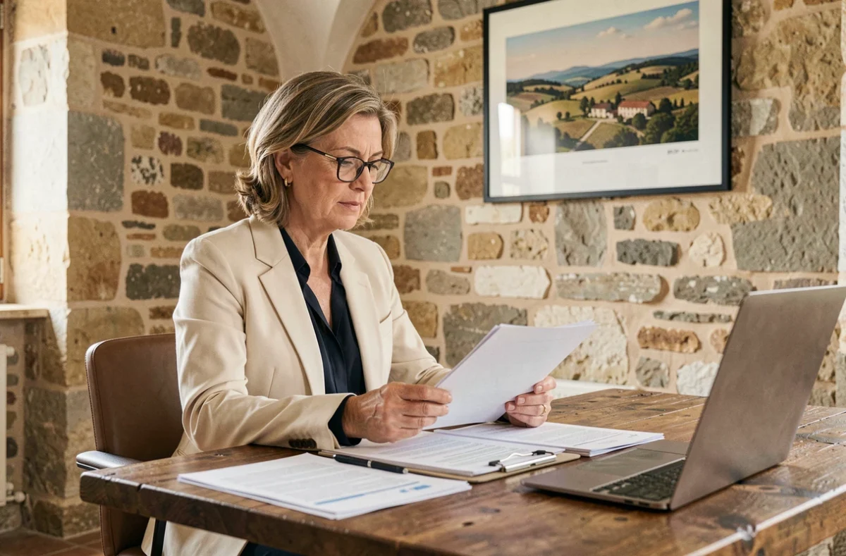 Conseillère des Hermines en Nouvelle-Aquitaine étudiant un dossier de défiscalisation dans un bureau au cadre régional authentique