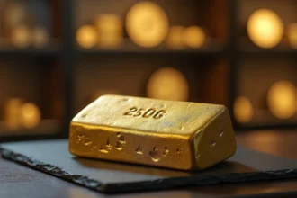 Lingot d'or 250g posé sur une surface en ardoise dans une boutique numismatique professionnelle