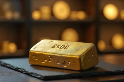 Lingot d'or 250g posé sur une surface en ardoise dans une boutique numismatique professionnelle