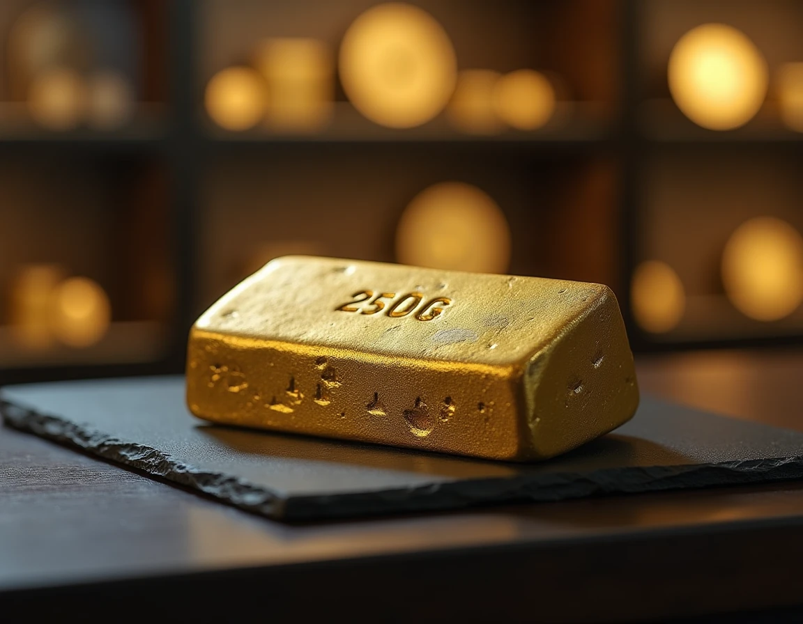 Lingot d'or 250g posé sur une surface en ardoise dans une boutique numismatique professionnelle