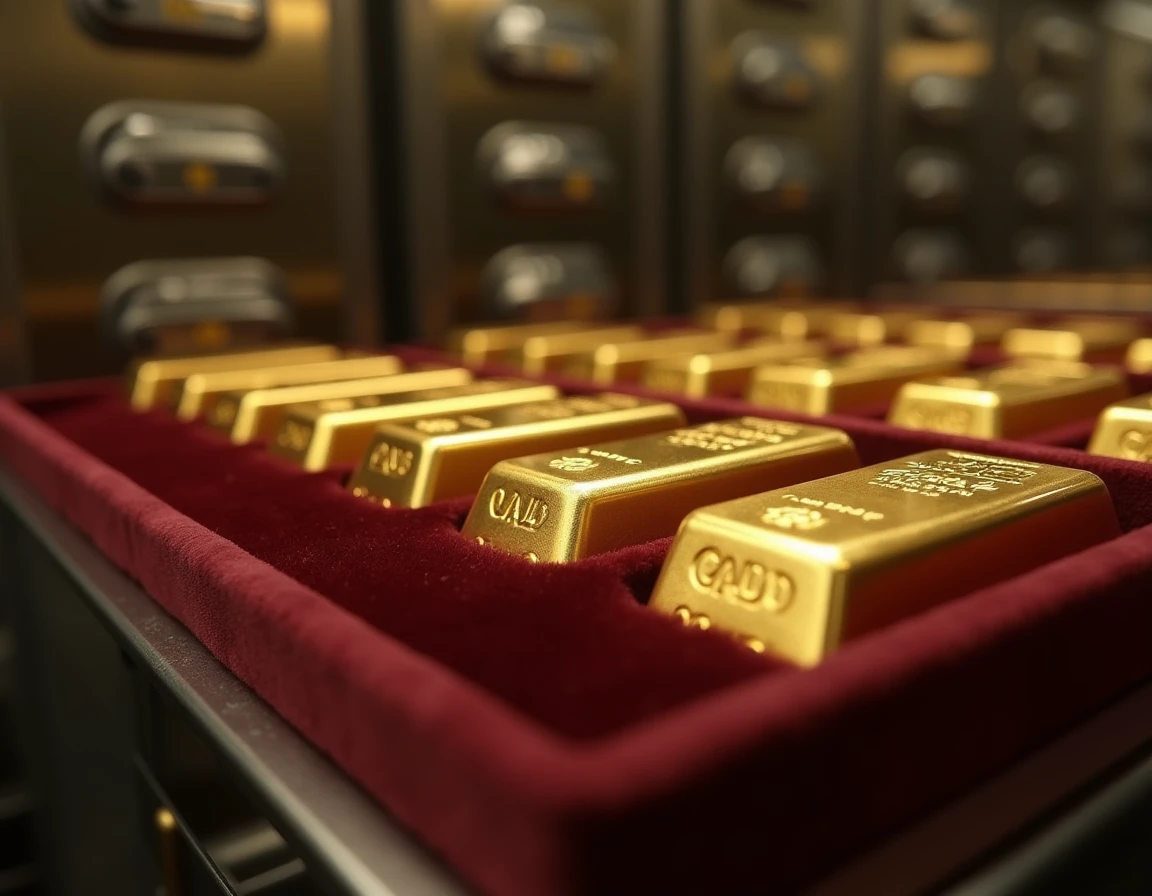 Rangée de lingots d'or 250g alignés sur un plateau en velours dans un coffre bancaire sécurisé