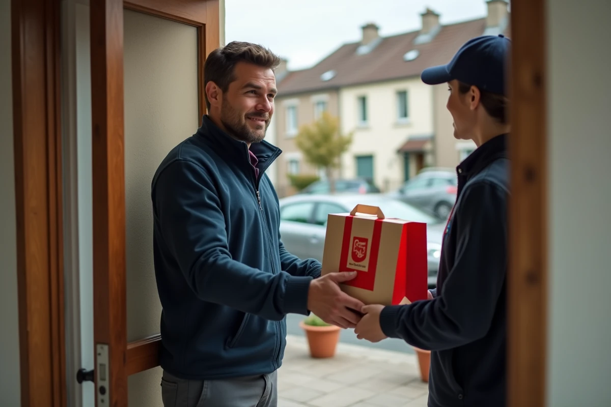 Homme recevant une livraison McDonald's à domicile à la porte d'une maison française, sac de commande visible
