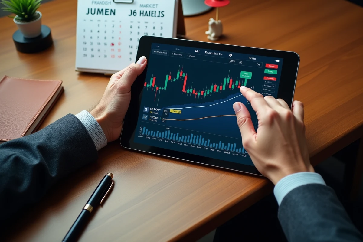 Mains d'un businessman naviguant sur une application boursière avec un calendrier des jours fériés et des horaires de la Bourse de Paris