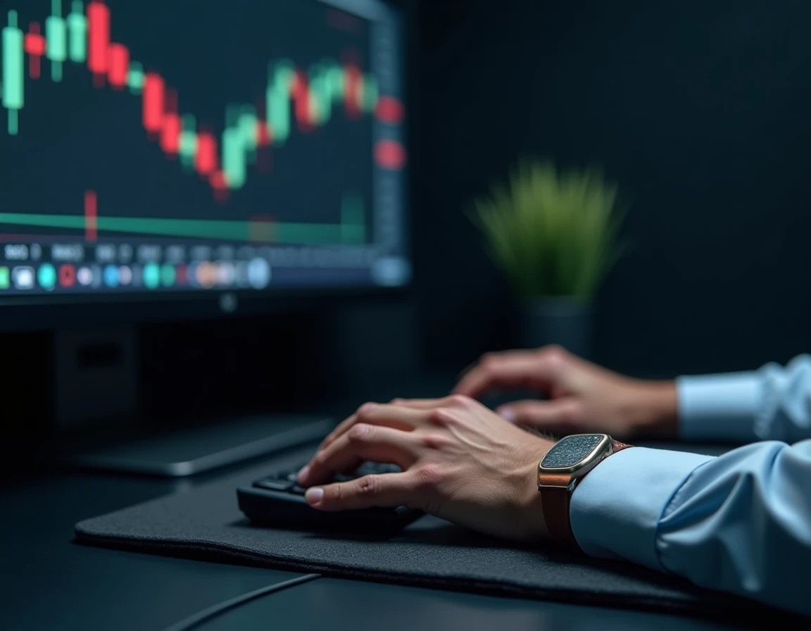 Gros plan des mains d'un trader sur clavier mécanique avec graphique de scalping en arrière-plan flou