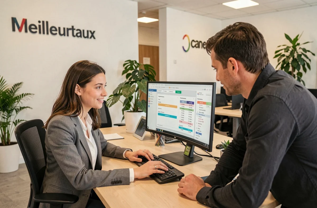 Conseillère Meilleurtaux comparant les offres de prêt immobilier sur ordinateur avec un client