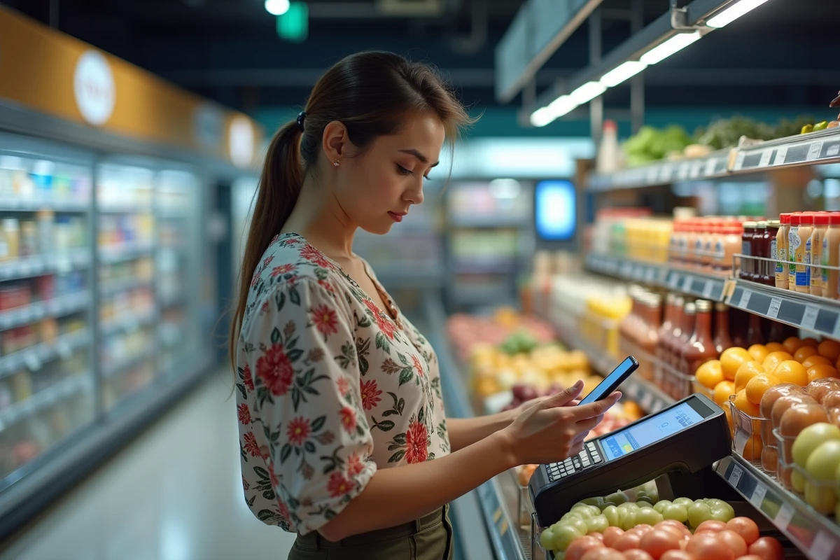 Une femme payant sans contact avec une application bancaire européenne dans un supermarché de Dubaï