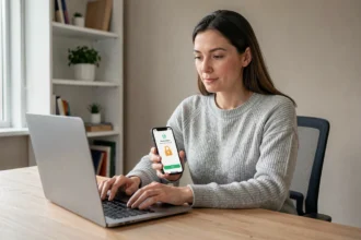 Femme sécurisant un paiement en ligne avec son smartphone et un ordinateur portable dans un bureau à domicile moderne