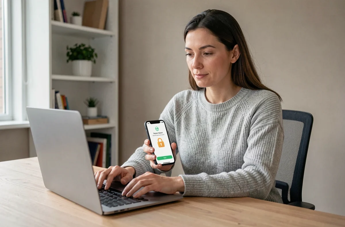 Femme sécurisant un paiement en ligne avec son smartphone et un ordinateur portable dans un bureau à domicile moderne
