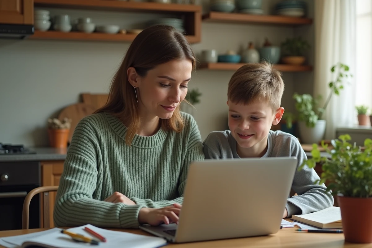 Mère et étudiant consultant ensemble Le fil.com de Crédit Agricole sur un ordinateur portable dans une cuisine familiale