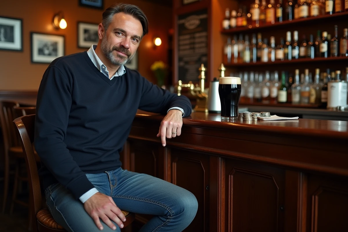 Homme payant en espèces dans un pub traditionnel irlandais à Dublin avec des euros et une pinte de stout