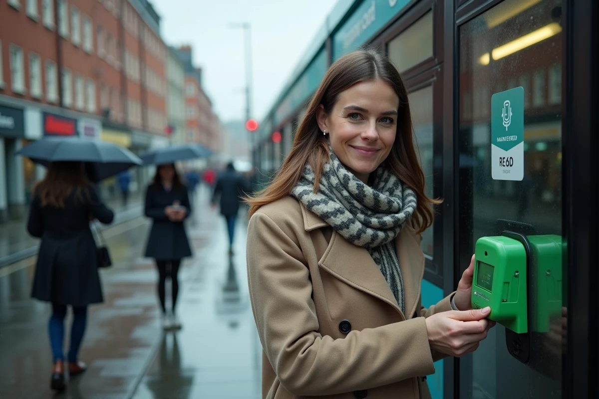 Femme payant son ticket de bus à Dublin avec une carte bancaire sans contact sur un valideur Leap Card