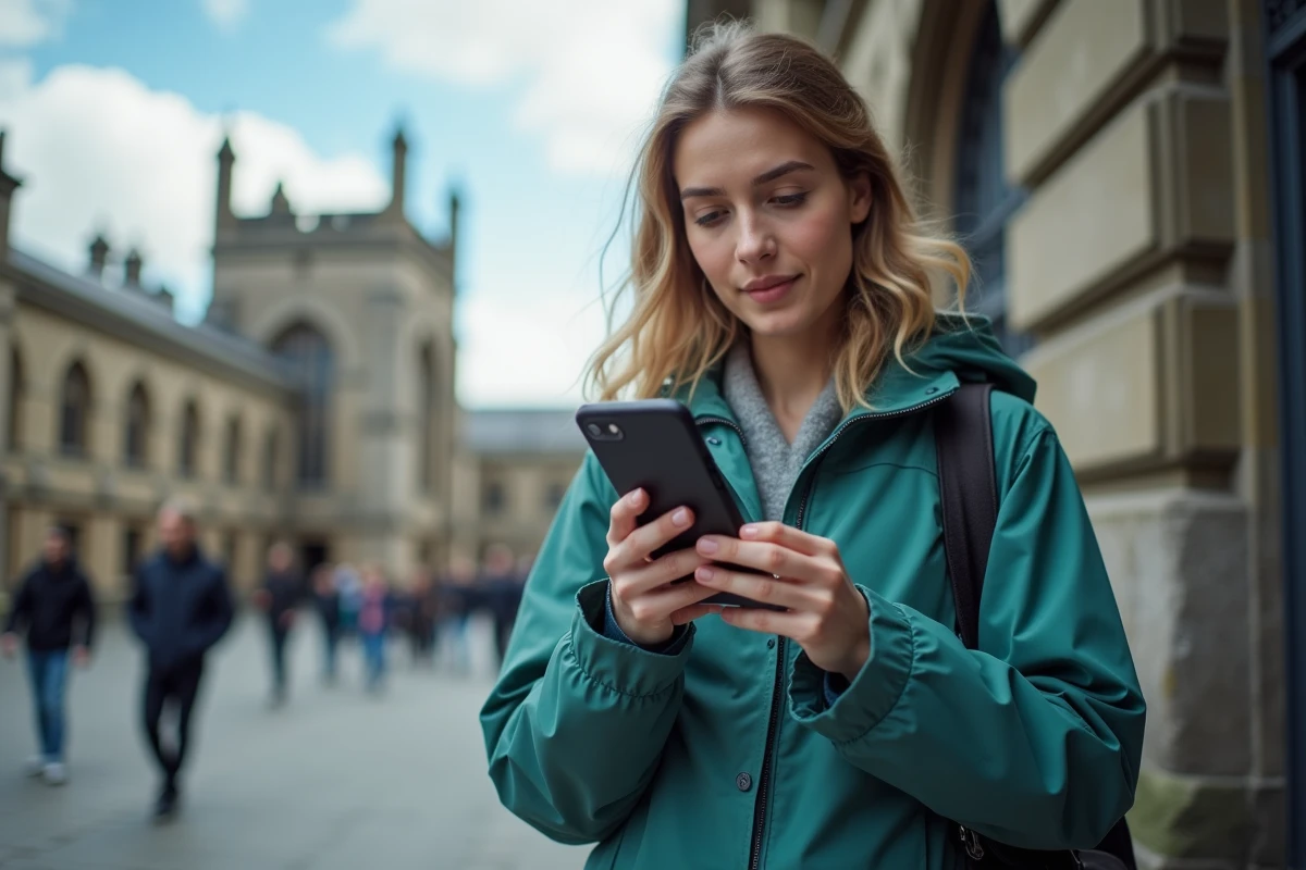 Touriste achetant un billet d'entrée sur smartphone devant Trinity College Dublin pour visiter un site historique
