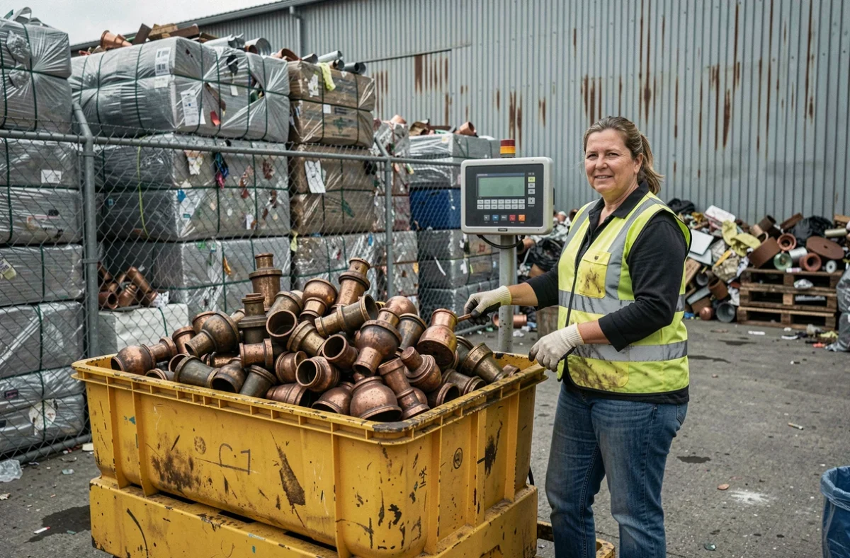 Femme au centre de recyclage pesant des déchets en bronze sur une balance industrielle pour estimer le prix au kilo