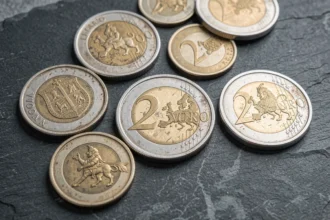 Gros plan sur plusieurs pièces de 2 euros rares de différents pays européens posées sur une ardoise sombre, révélant leurs emblèmes nationaux distincts