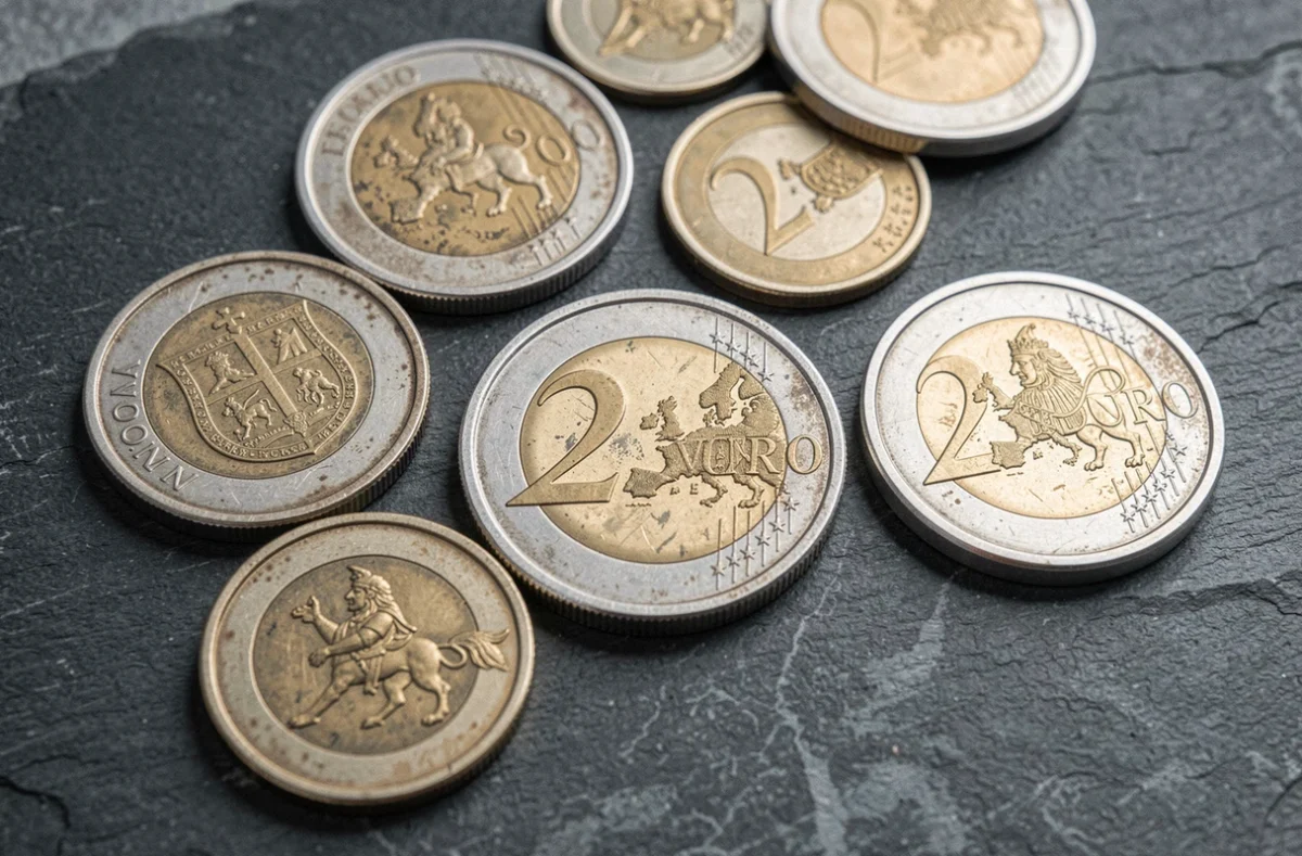 Gros plan sur plusieurs pièces de 2 euros rares de différents pays européens posées sur une ardoise sombre, révélant leurs emblèmes nationaux distincts
