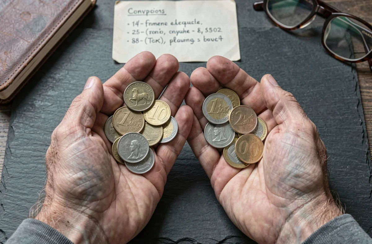 Mains tenant des pièces en francs et en euros côte à côte sur une ardoise sombre, comparaison visuelle pour la conversion de devises françaises