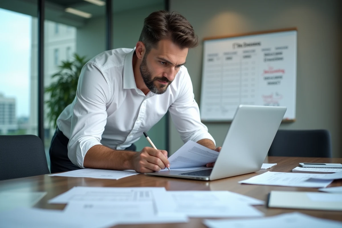 Homme d'affaires préparant les documents comptables annuels sur une table de réunion avec laptop et factures