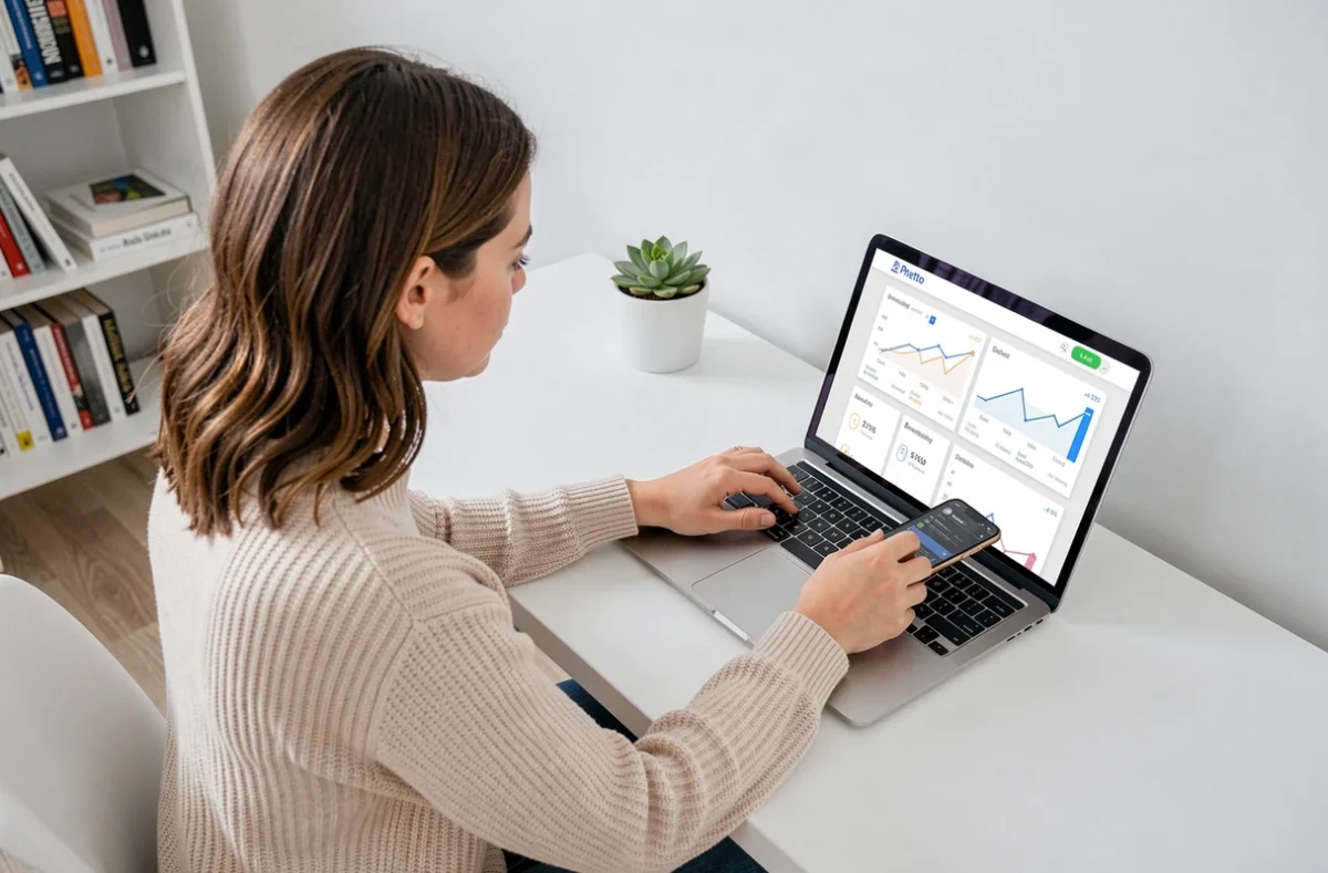Utilisatrice de la plateforme Pretto simulant son crédit immobilier en ligne depuis chez elle