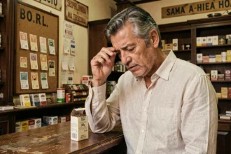 Homme examinant un paquet de tabac à rouler 30g dans un bureau de tabac espagnol traditionnel