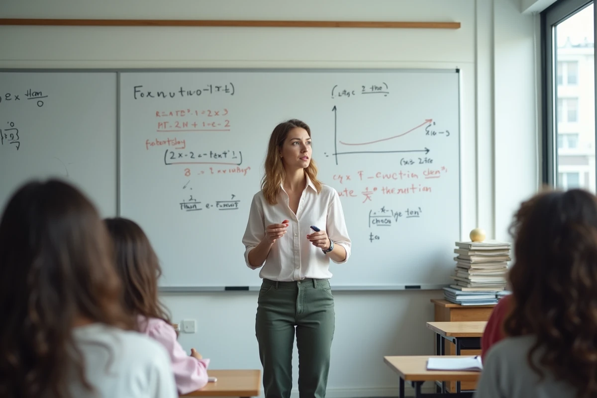 Professeure expliquant une formule de maths aux élèves
