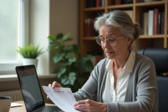 Professeure examinant son bulletin de salaire et un calendrier bancaire sur ordinateur pour anticiper les retards de virement en 2026