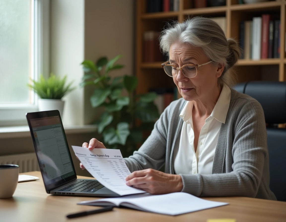 Professeure examinant son bulletin de salaire et un calendrier bancaire sur ordinateur pour anticiper les retards de virement en 2026