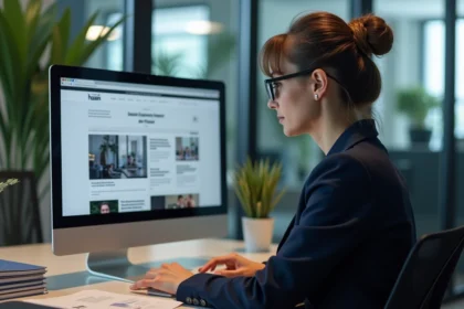 Professionnelle en blazer marine consultant un site spécialisé en assurance sur son ordinateur de bureau dans un open space moderne