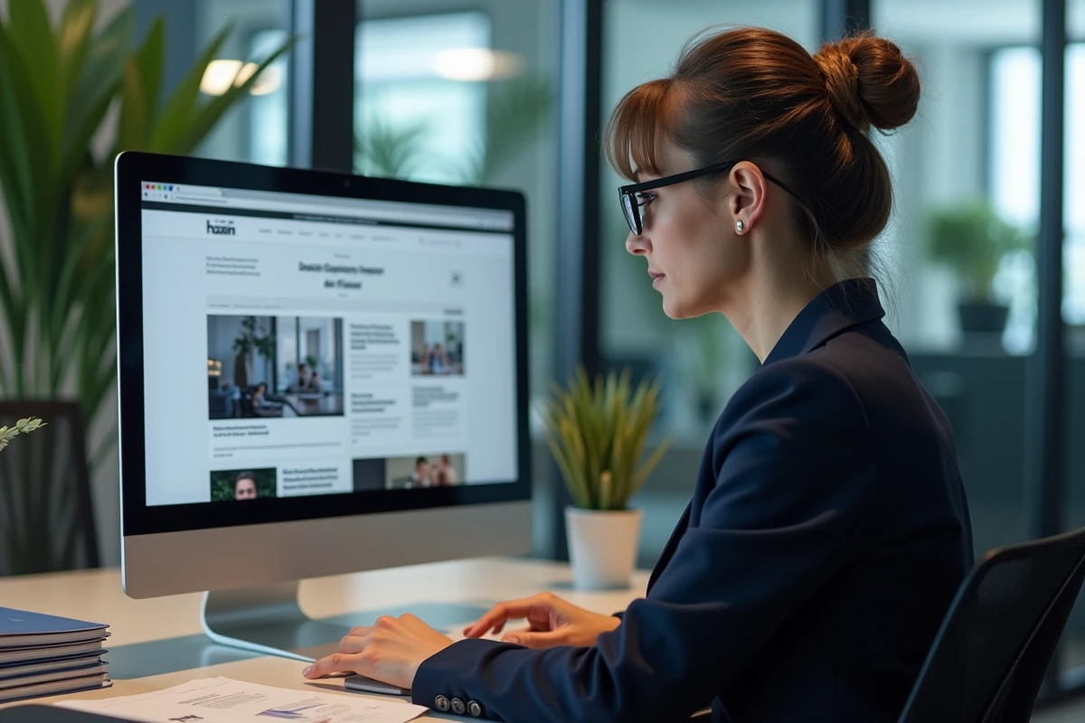 Professionnelle en blazer marine consultant un site spécialisé en assurance sur son ordinateur de bureau dans un open space moderne