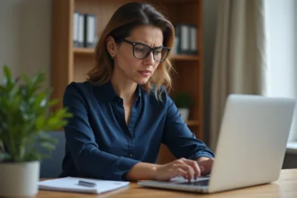 Femme récupérant son mot de passe sur le site Cyberplus Banque Populaire depuis son bureau à domicile