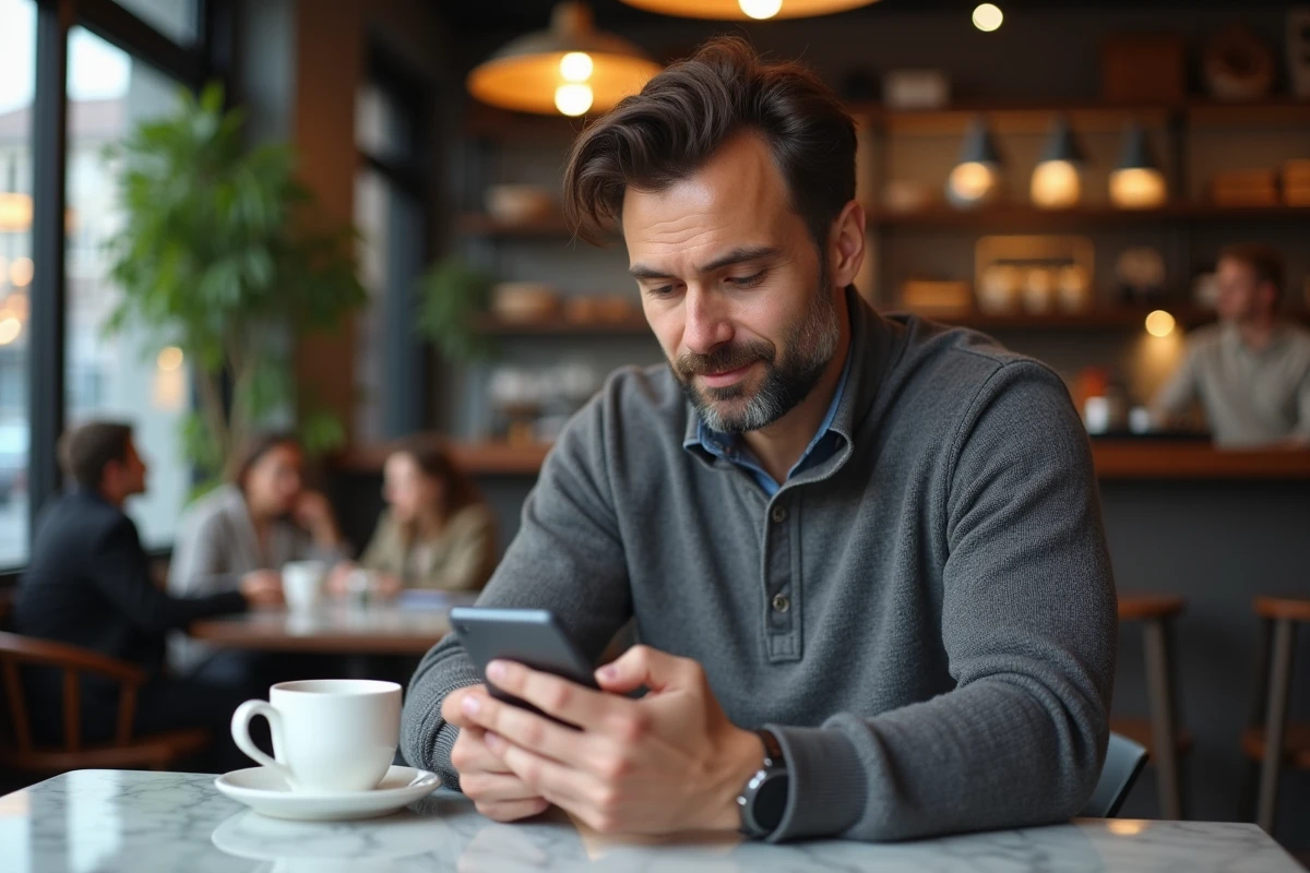 Homme réinitialisant son mot de passe Banque Populaire Cyberplus sur smartphone dans un café