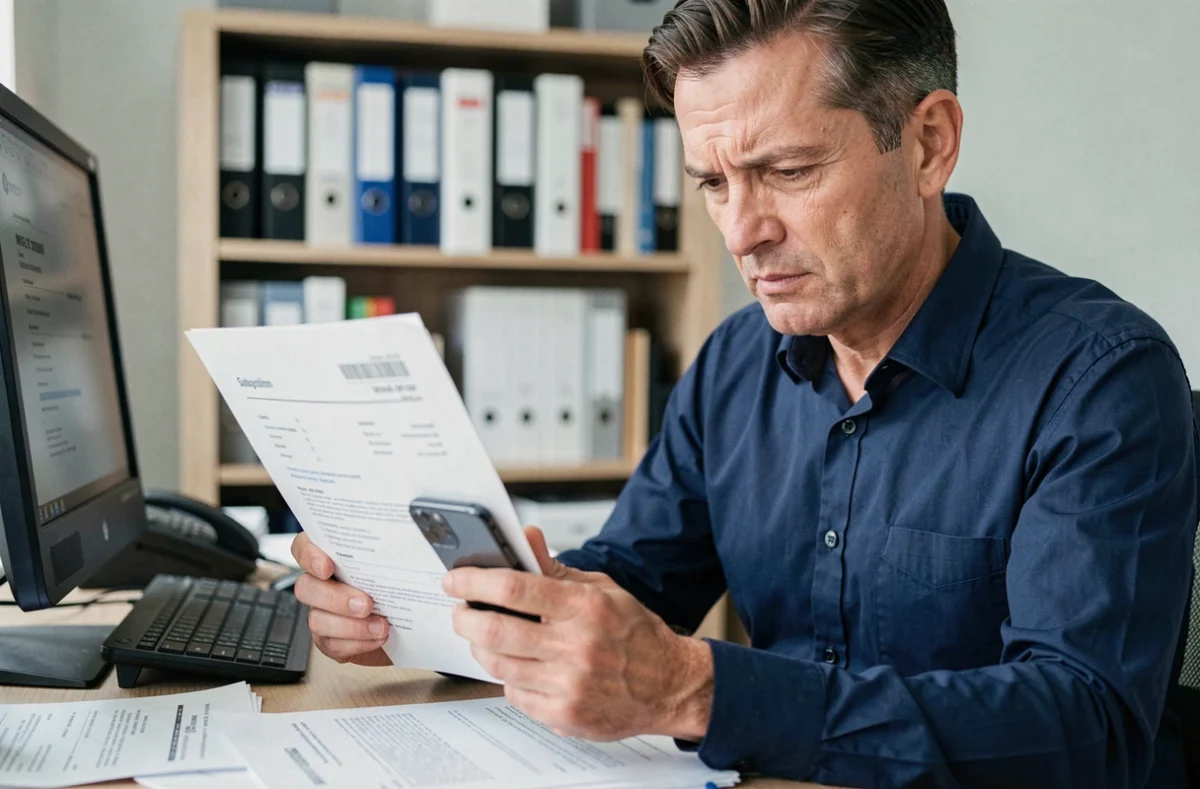 Homme vérifiant ses abonnements et gérant sa résiliation sur smartphone dans un bureau à domicile