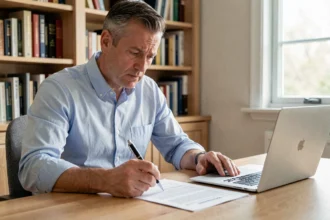 Homme consultant un contrat d'assurance emprunteur à son bureau à domicile avant de le résilier