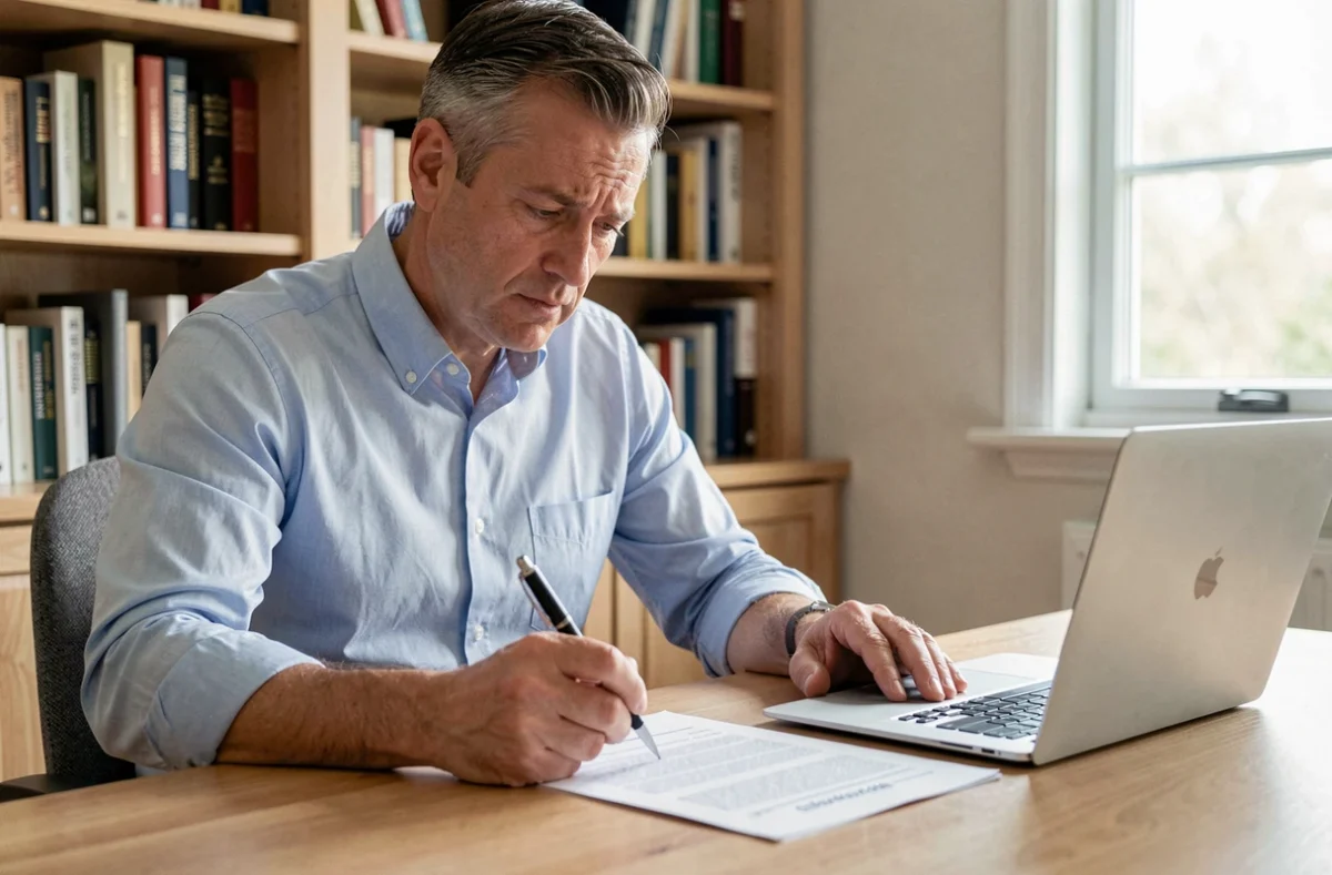 Homme consultant un contrat d'assurance emprunteur à son bureau à domicile avant de le résilier