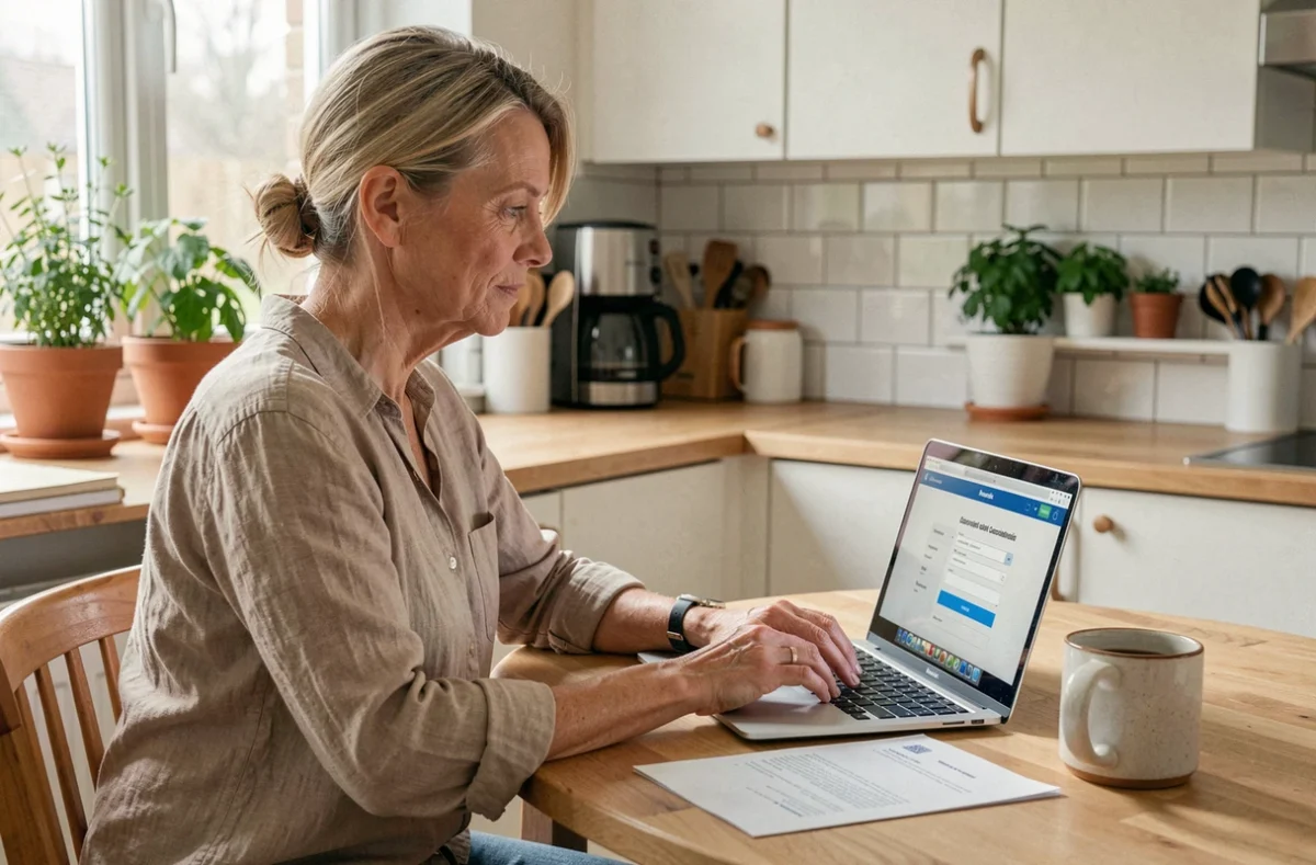 Femme effectuant une demande de résiliation d'assurance emprunteur en ligne depuis sa cuisine